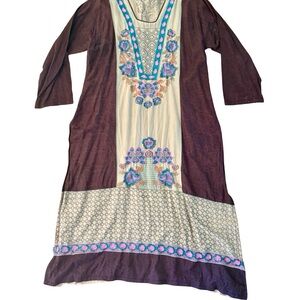Vintage Brown & Cream Embroidered Kaftan Kurta Maxi Dress with Blue & Pink XL